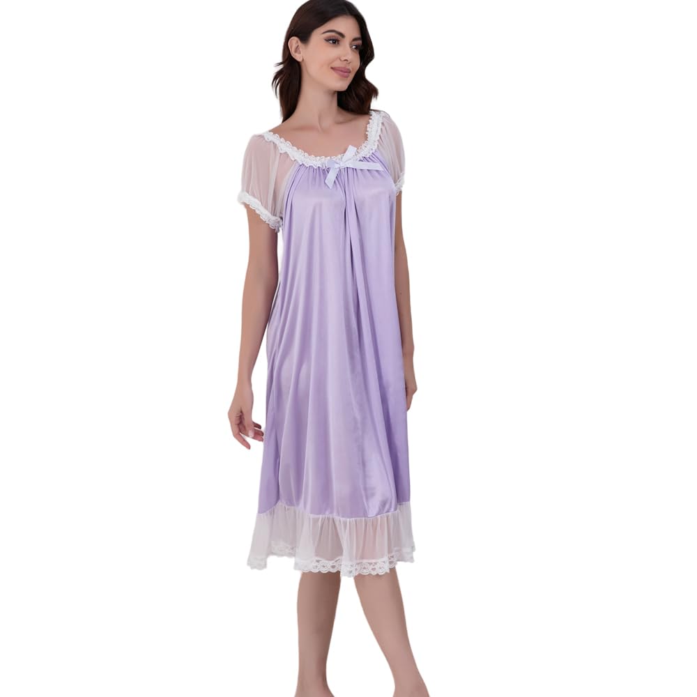 Camicia da Notte Donna,Filato Elastico Rosa da Donna Camicia da Notte vittoriana Manica Corta da Donna ，Macchia la Seta Pigiama