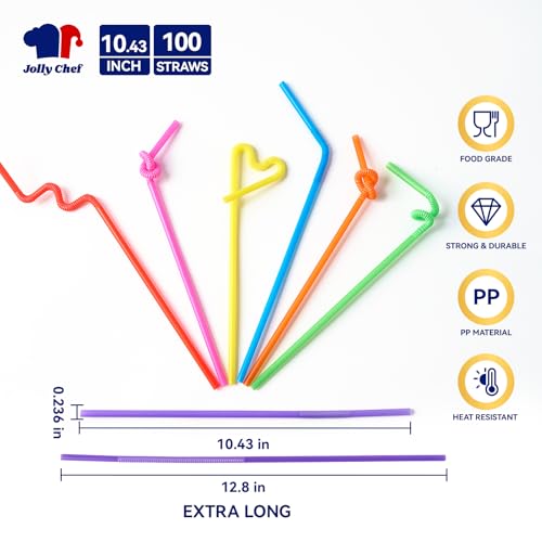 JOLLY CHEF 100PCS Plastic Disposable Straws Bendable Colorful Drinking 10.43 Inches Extra Long Colorful Flexible Straws for Home Use Milk Juice Drinks