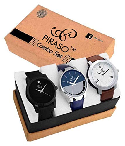 Image of PIRASO Luxury Analogue Men's Watch Pack of 3 (Multicolour Dial & Brown Colored Strap)-PW3 2021
