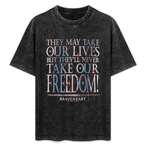 Braveheart Freedom Summer Casual Tee Short Sleeve Crew Neck Cotton Tops Unisex Washed Vintage T-Shirt Black XL