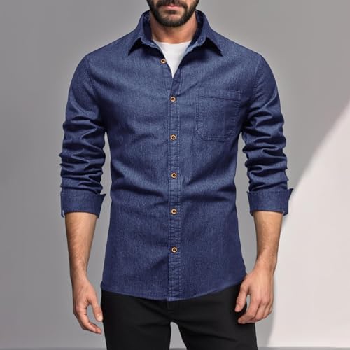 Chambray Shirt Men Long Sleeve Western Work Dress Shirts Casual Button Down Denim Blouses with Pocket2