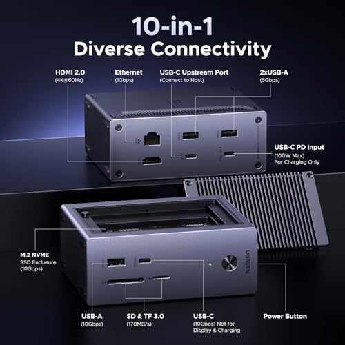 Image of UGREEN Revodok NVMe Docking Station 10-in-1 USB-C Hub 4K@60Hz HDMI, M.2 NVMe SSD Enclosure, 10Gbps USB-C /A, 100W PD Charging, Gigabit Ethernet, SD /TF for MacBook M5, Mac mini M4, Windows Laptop