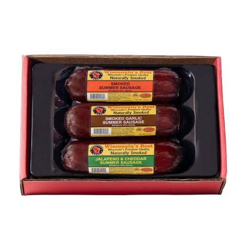 Wisconsin’s Best Summer Sausage Gift Box – Naturally Smoked Sausage 3 Flavor Assortment (Original, Jalapeño Cheddar &amp; Garlic) – Made in Wisconsin – Charcuterie Board Gift Set – 12 oz Each