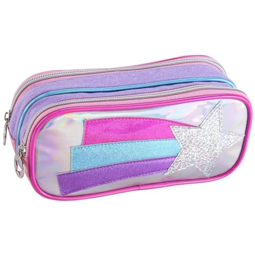 Estojo Grande Escolar com 2 Compartimentos, Design Colorido, Zíper Reforçado, Material Resistente, P/Lápis Caneta Borracha (Rosa)