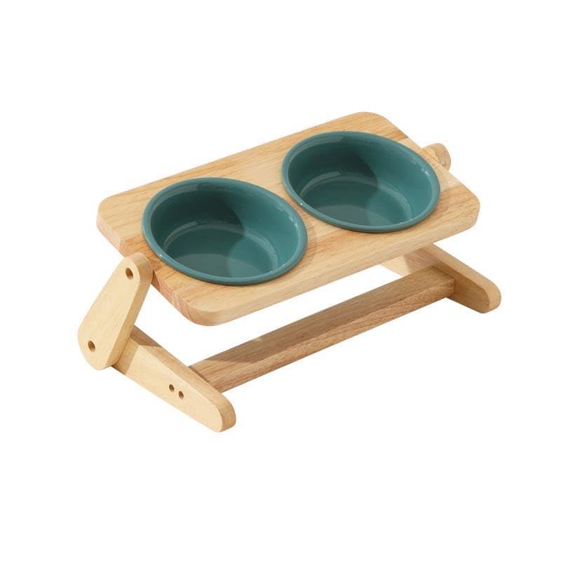 pet wiz Raised Ceramic Pet Bowls with Height & Angle Adjustable Wooden Stand – Supporting Posture and Digestion | Non-Slip Stand, Dishwasher-Safe Bowls (Green, Medium)