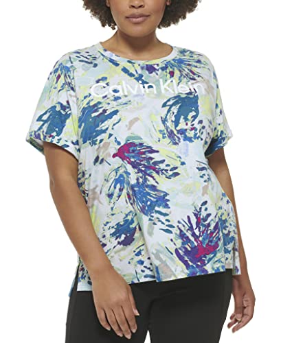 Calvin Klein Performance Women Plus Size Active Logo Print Rolled Cuff Tee, Floral Wash Sea Level, 2X #TOP1