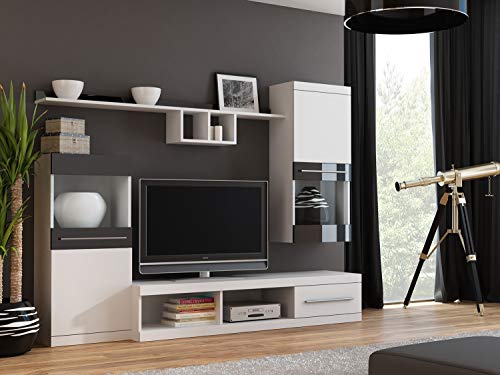 Wohnwand Nick, Anbauwand, Lowboard, Hängeschrank, Hängeregal, Tv Wand, Mediawand, Schrankwand, Fernsehenschrank, Wohzimmer (Weiß/Schwarz Hochglanz)
