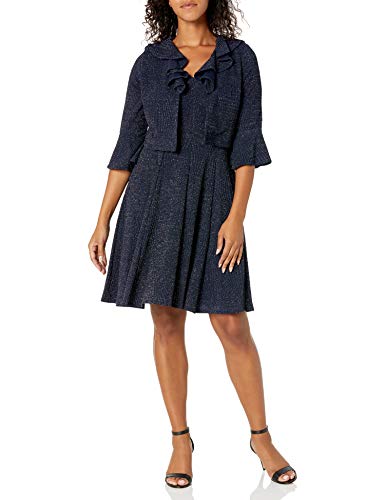 Danny & Nicole Women's Petite Two Piece Bell Sleeve V-Ruffle Neck Jacket Dress, Navy/Silver, 8P