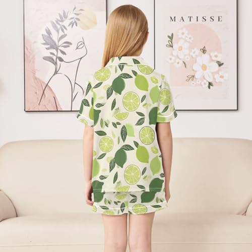 Green Lemon Pattern Summer Satin Pajama Set, Cute Button-Down Sleepwear Pj Set for Sleep Wears4