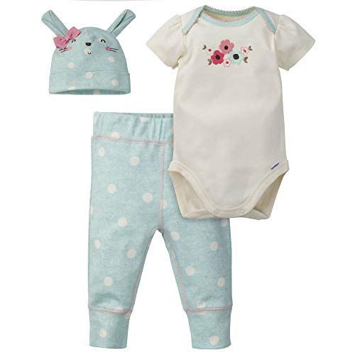 Gerber Baby Girls' 3-Piece Organic Onesies Bodysuit, Pant and Cap Set, Blue Floral Bunny, Newborn