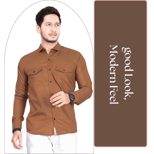 Image of Men's Cotton Spread Collar Full Sleeve Regular Fit Solid Casual Shirt with Double Pockets - Stylish Comfortable Shirt for Everyday Wear
