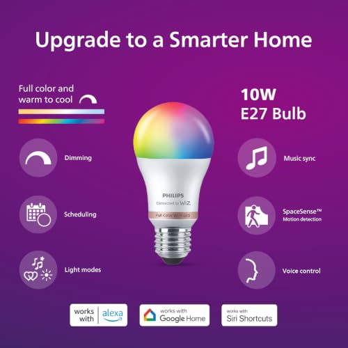 Image of PHILIPS WiZ 10W E27 Wi-Fi & Bluetooth LED Smart Bulb with Music Sync, Compatible with Amazon Alexa & Google Assistant, 16 Million Colours & Motion Sensing Technology | Pack of 1