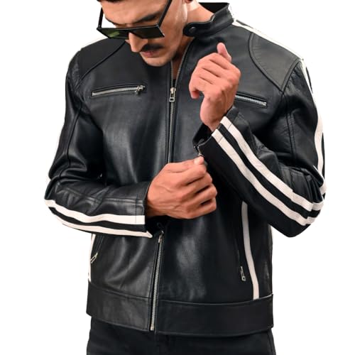 Mens Black Cafe Racer Vintage Motorcycle White Stripes Leather Jacket Retro Biker Leather Jacket2