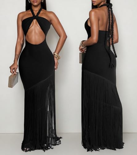 Women's Sexy Halter Backless Maxi Dress Cut Out Sleeveless Bodycon Long Fringes Club Party Cocktail Dresses4