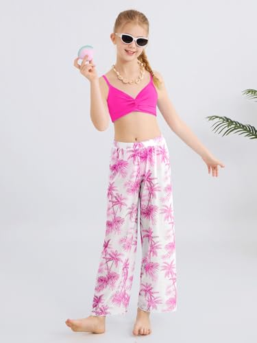 Image of Girls Swimsuit 3 Piece Bathing Suit Criss Cross Bikini Set Tropical Floral Swimwear with Mesh Cover Up Pants Size 9-16Y