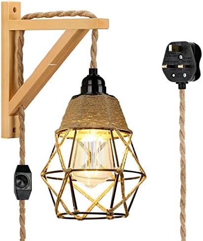 ENCOFT Industrial Wall Light Indoor, Retro Wooden Wall Lamp Dimmable with Switch, Industrial Wall Sconces E27 Base Plug in for Living Room, Bedroom, Lounge, Loft, Coffe, Farmhouse, Wall Decor
