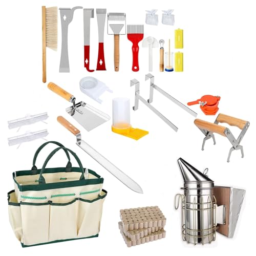 Kit d'Outils d'Apiculteur Materiel 26 Pièces,Apiculture Materiel,Outils Et Accessoires Apicoles,Comprend Une Brosse à Abeilles,Un Crochet En j,Etc.,Convient Aux...