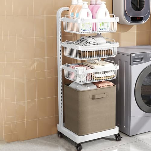 Rolling Laundry Basket On Wheels,4 Tiers Garment Storage Cart,Easy Moved Basket for Organizer,Black Metal Basket with Wheels, Garment Metal Rack for Clothes Wash and Dry Sort(/Black) (/White One Size)