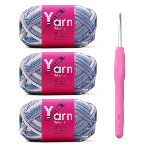 Image of Crochet Yarn with Cotton Yarn for Crocheting - Crochet Knitting Yarn for Beginners with Easy-to-See Stitches - Yarn for Crocheting - Parfait Chunky Yarn -Cotton-Nylon Blend (Blue-Gray)