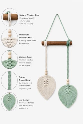 Image of AdFashionble Boho Macrame Wall Hanging Leaf Decor for Home, Living Room & Bedroom | Cotton Thread Art with Wooden Rod | Minimalist Handmade Wall Decoration | Aesthetic Nordic Wall Art for Home, Office & Gift Purpose Lenght- 58 cm Width- 15 cm (MINTGREEN & OFFWHITE)