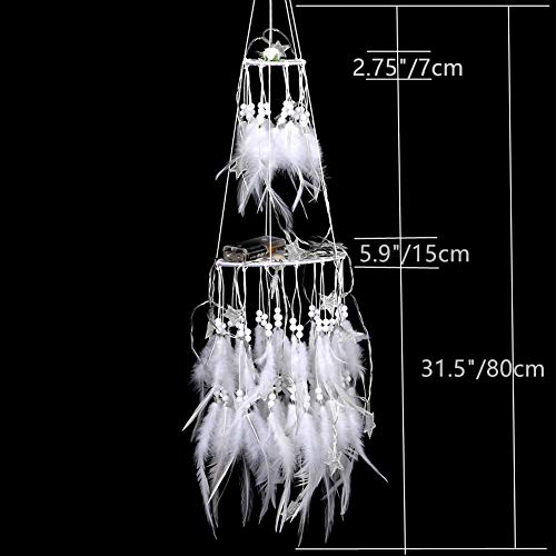 Dremisland Double Circle White Feather Dream Catcher with Mobile LED Fairy Lights Wall Hanging Ornaments Ceiling Decor for Bedroom Decor Wedding Decorations Boho Chic Party Nursery Decor
