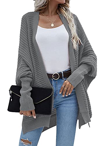 Image of Women's Waffle Cardigan Ribbed Cuffs Open Front Knit Sweater Batwing Long Sleeve Casual Loose Chunky Coat Outwear(XL,deep grey2)