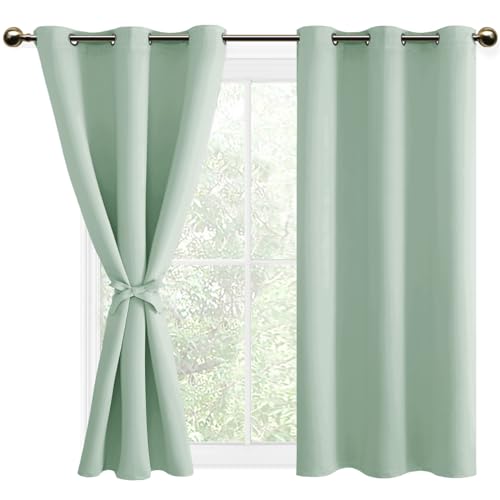 DWCN Blackout Curtains with Tiebacks for Bedroom Thermal Insulated Solid Eyelet Curtains for Living Room,2 Panels,46" Wide x 54" Drop Bean Green
