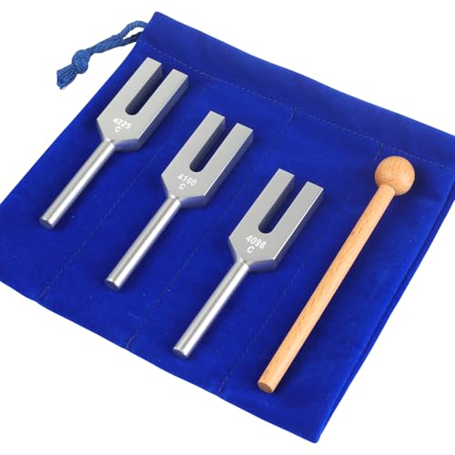 Angel Tuning Forks Set - 4096 Hz, 4160 Hz, 4225 Hz with Wooden Hammer and Velvet Bag for Yoga and Meditation Accessories