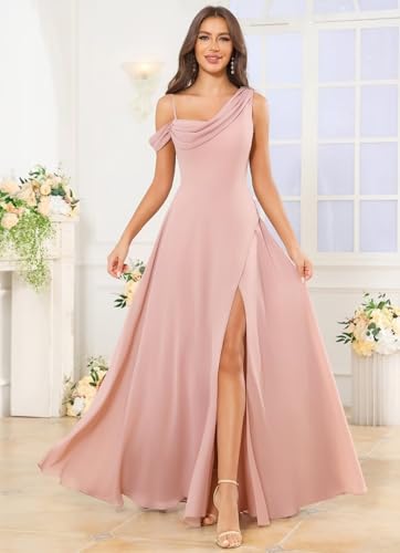 Fu Jiang One Shoulder Bridesmaid Dresses with Slit Chiffon Cold Shoulder Long Formal Evening Party Gowns3