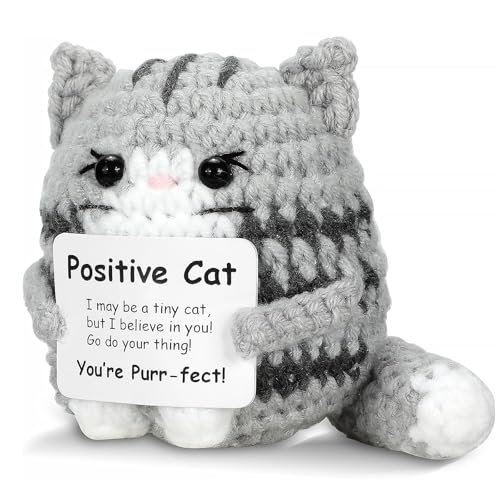 Positive Cat Mini Crochet Emotional Animal Gifts Support Inspirational Handmade Knitted Doll with Card Cute Motivational Crocheting Present for Women Men Friends Family Birthday Decor (Gray Cat)