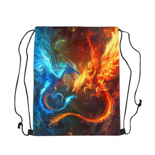 Castle Fairy Western Dragon Drawstring Backpack Blue Orange Red Fighting Animals Gym Sports Cinch Bag Sackpack for Women Men Watercolor Wildlife Magical Style Drawstring Bag for Yoga 13