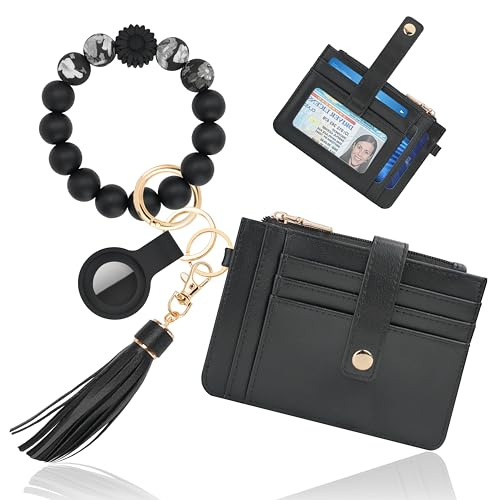 Image of Wristlet Wallet for Women, Keychain Wallet with AirTag Holder | 9 card slots,ID window & zipper pocket,RFID,beaded wrist strap and compact design for travel,shopping and daily carry.