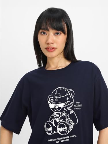 Image of JUNEBERRY 100% Pure Cotton Oversized Loose Baggy Fit Drop Shoulder Half Sleeve Round Neck Cool Front Teddy Printed Cork & White T-Shirt for Women /Girls (Available in from S to 2XL)