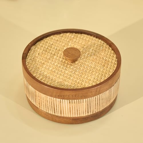 Image of Brick Brown Reed Wooden Roti Box with Hand-Woven Cane Lid | Solid Wood Chapati Box for Kitchen & Dining | Designer Roti Casserole /Roti Hot Pot Case | Handmade Roti Dabba Server (8.1x8.1x4.2 Inch)