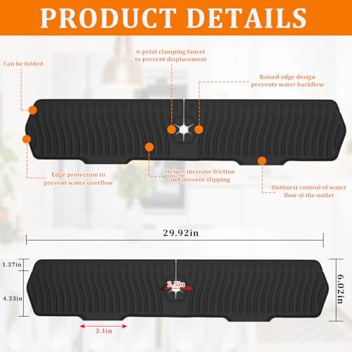 Image of 30 Inch Sink Splash Guard,Longer Silicone Sink Mat for Kitchen Bathroom,Kitchen Faucet,Silicone Sink Faucet Mat Splash Guard, Drip Protector Splash Countertop (Black)