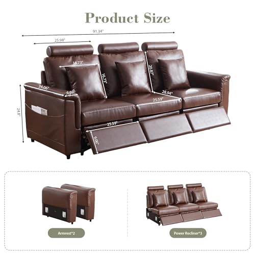 Image of RARZOE Manual 3-Seater Recliner Sofa, Faux Leather 3 Seat Reclining Couches with Headrest, Modern Comfy Recliner Sofa Set with 3 Recliner Chairs for Living Room Home Theater, Brown