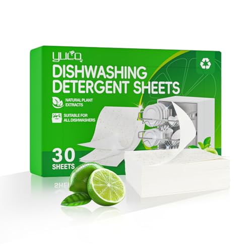 YCUO Dishwasher Detergents Sheets (30 Count) - 100% Natural Plant-Based Eco Dishwashing Soap Solid Enzymes Grease Removal & Shiny Finish Compatible with Large & Small Dishwashers Tablets Residue-Free