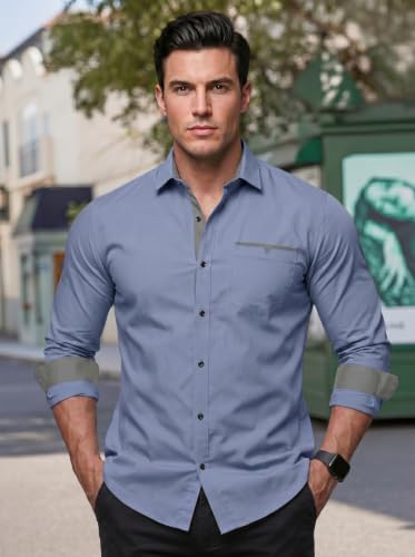 Image of Men's Cotton Blend Shirt with Solid Long Sleeves Spread Coller Neck Regular Fit Single Chest Pocket and Standard Length | Cotton Casual Shirt for Man