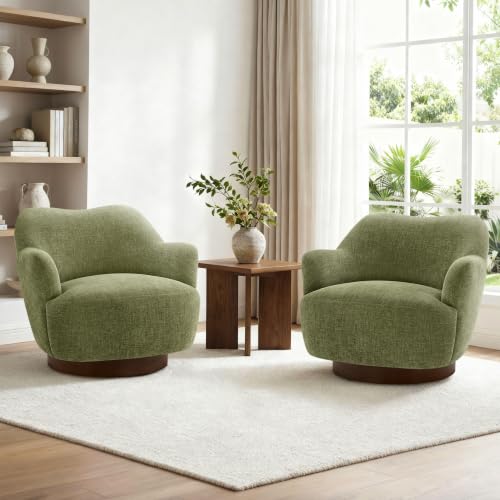 Image of KISLOT Swivel Accent Chair Set of 2,Upholstered Barrel Chair with Curves Camel Back Design,Modern Arm Chair with Wooden Base for Living Room Bedroom Reading Waitingroom,Sage Green