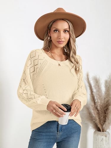 Image of Libsorge Womens Cute Crochet Knit Hollow Out Sweater Fall 2024 Lightweight Ribbed Crewneck Long Sleeve Pullover Top