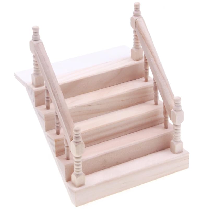 Toyvian Miniature Wooden Handrail Staircase 4.72In Dollhouse Tiny Stairs Model for Kids Creative Play and Micro Scene Decoration