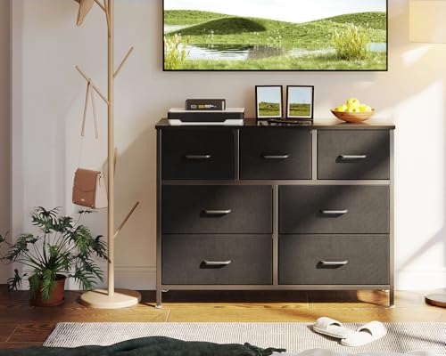 Cómoda de 7 cajones con estructura de acero Coleshome mueble negro 6