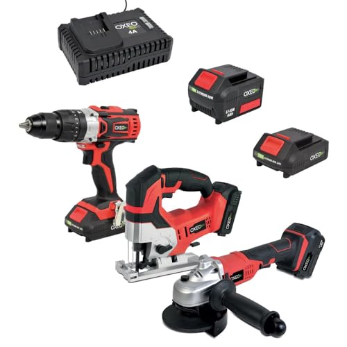 Oxeo Ensemble Essentiel Bricolage Easy Full 18V : Perceuse/Meuleuse/Scie Sauteuse avec Batteries 2Ah/4Ah et Chargeur Rapide