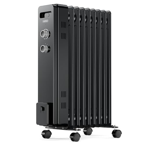 VonHaus Radiador Eléctrico de Aceite de 9 elementos – Calefactor Eléctrico Bajo Consumo Portátil 2000 W - Termostato Ajustable, 3 Niveles de Calor, 4 Ruedas, Cable 1,5 m (Negro)