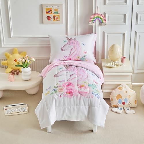 Image of Unicorn Toddler Bedding Set for Girls Light Pink Unicorn Flowers 4PC Toddler Bed Set - Soft Blue Yellow Butterfly Cute Princess Toddler Bed in a Bag with Pink Sheet Set and Pillow Shams