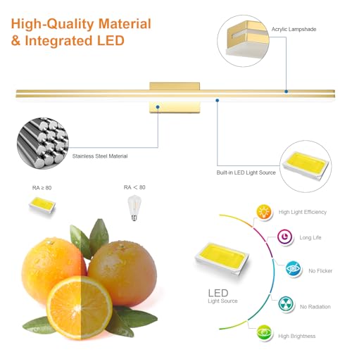 Image of SineRise 48-Inch LED Modern Bathroom Vanity Light Bar, Gold Modern Acrylic Bathroom Wall Lighting Fixtures Over Mirror (Cool White 6000K)