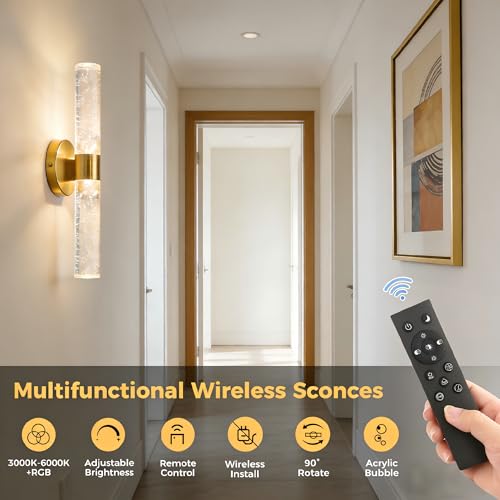 Image of DORESshop Battery Operated Wall Sconces Set of 2, 10000mAh Rechargeable Wall Sconce with Bubble Crystal, 9 Color Dimmable Wireless Wall Sconce, Sconce Wall Decor for Living Room, Bedroom, Gold 18in