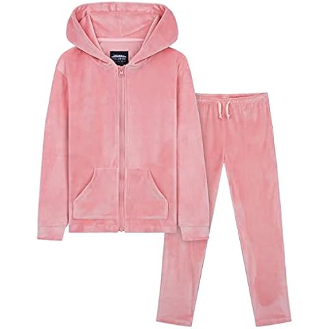 CityComfort Girls Tracksuit Set, 2 Piece Velour Hoodie and Tracksuit Bottoms Lounge Set (Pink, 9-10 Years) Cover