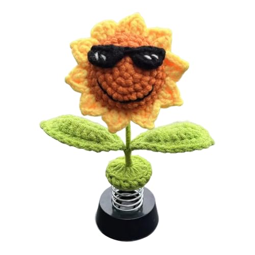 Handgefertigte Gestrickte Sonnenblumen Blume Auto Deko Wackelfigur Auto Sonnenbrille lächelnde Sonnenblume Heim Büro Armaturenbrett Dekoration Zubehör Auto Deko Innenraum für Frauen und Mädchen
