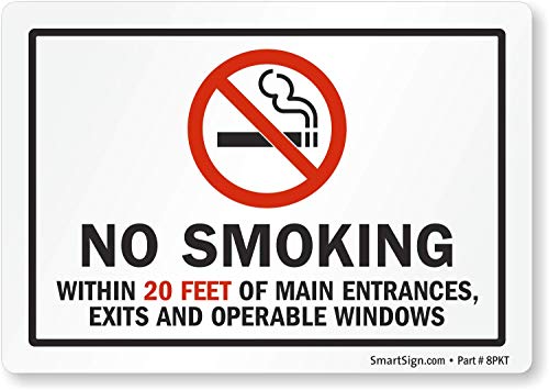 SmartSign Adhesive Vinyl Label, Legend "No Smoking Within 20 Ft of Main Entrances" with Graphic, 3.5" high x 5" wide, Black/Red on White